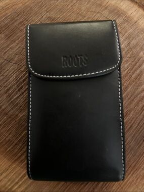 Roots Black Leather Flip-Top Phone Holster with Contrast Stitching